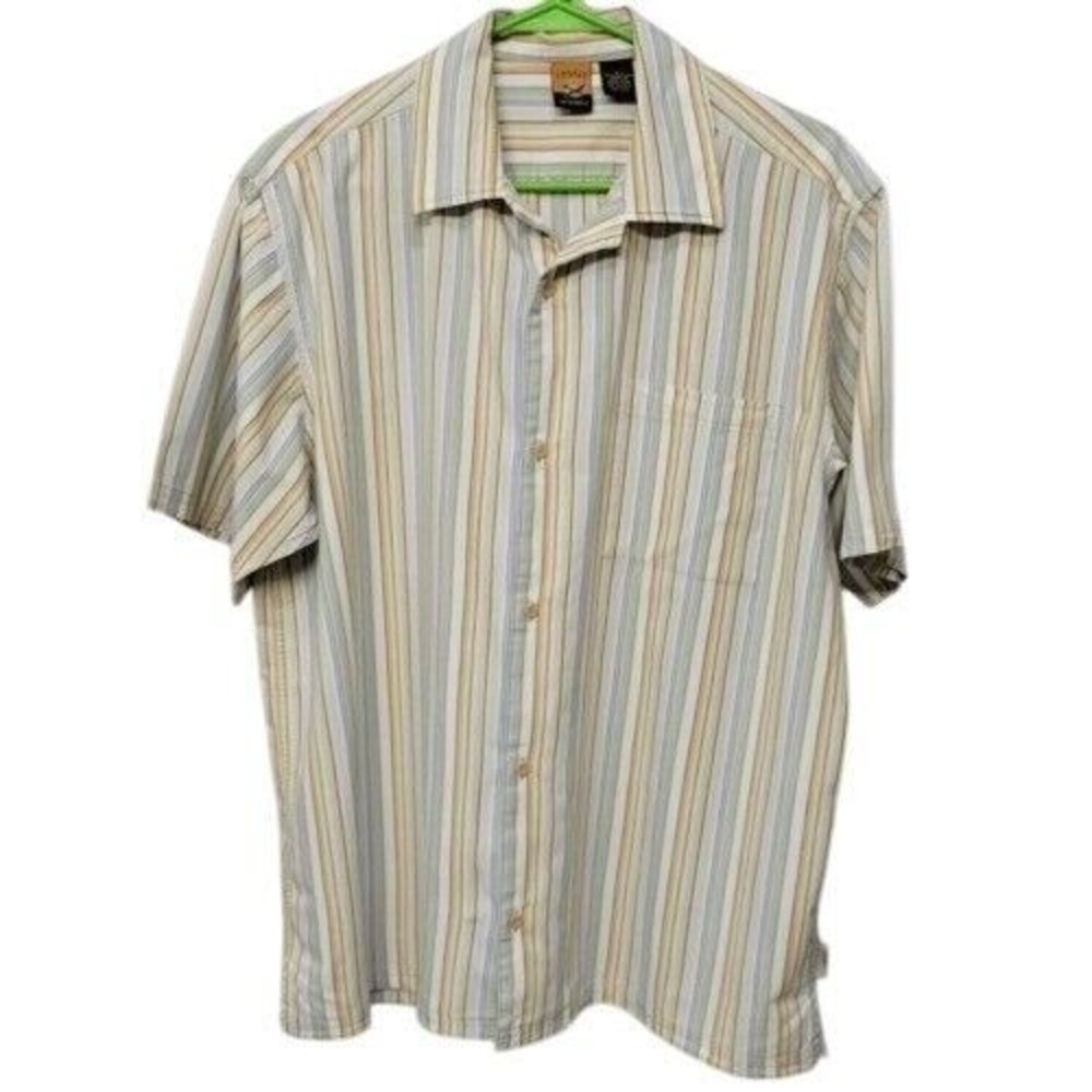 Vintage Y2K‎ Fossil Camp Cabana Shirt Men Large Green Stripe 100% Cotton Lounge